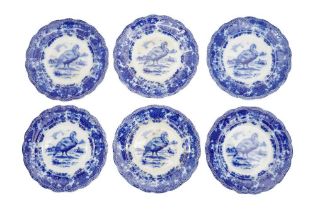 A SET OF SIX FLOW BLUE TURKEY PLATES BY RIDGWAYS, CIRCA 1891-1920, ENGLAND