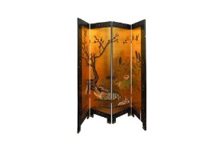 A CHINESE BLACK LACQUERED FOUR FOLD SCREEN, SECOND HALF OF THE 20TH CENTURY