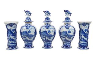 A 19TH CENTURY DUTCH DELFT GARNITURE OF FIVE VASES