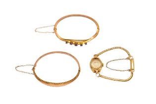 TWO BANGLES AND A 9CT GOLD ROTARY WATCH