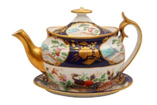 A SPODE PORCELAIN OVAL TEAPOT, COVER AND STAND, CIRCA 1825