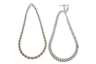 A SILVER ALBERT CHAIN AND A ROPE TWIST CHAIN