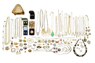 A LARGE GROUP OF SILVER AND COSTUME JEWELLERY