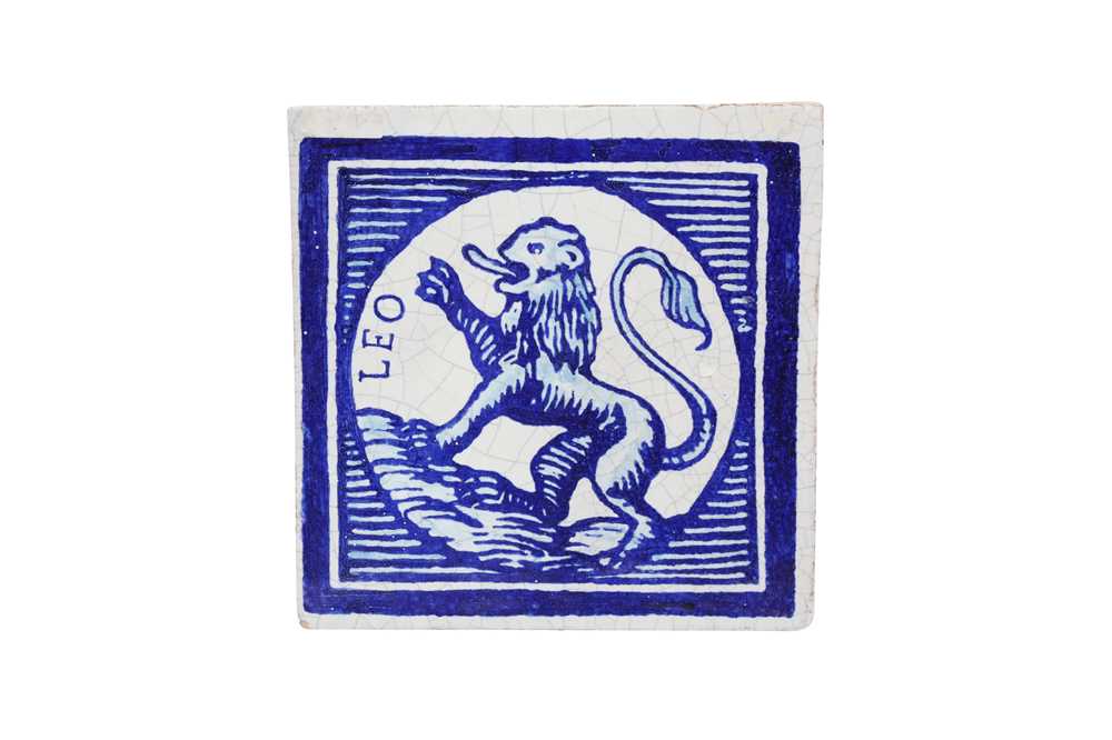 A EUROPEAN BLUE AND WHITE CERAMIC TILE WITH A QUASI-RAMPANT LION Possibly Delft, The Netherlands, 19