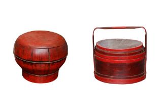 TWO CHINESE WOOD AND BAMBOO BASKETS AND COVERS 二十世紀 木及竹籃子連蓋