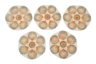 A SET OF FIVE FRENCH SARREGUEMINES MAJOLICA OYSTER PLATES, EARLY TO MID 20TH CENTURY