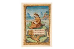 Illuminated Mss leaf on vellum. St. John seated on Patmos writing his Gospel. [c. 1460-98]