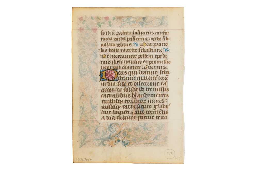 Illuminated vellum leaves. St. Sebastian and St. Denis, [c.1500] - Image 2 of 4
