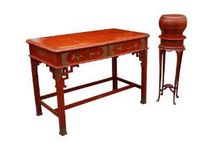 A RED PAINTED CHINESE SIDE TABLE AND LIDDED JARDINIERE ON STAND