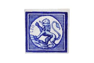 A EUROPEAN BLUE AND WHITE CERAMIC TILE WITH A QUASI-RAMPANT LION Possibly Delft, The Netherlands, 19