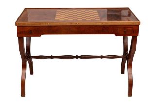 A FRENCH WALNUT GAMES STRETCHER TABLE WITH CONTENTS