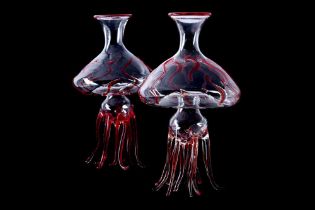 A PAIR OF MASSIMO LUNARDON GLASS JELLYFISH DECANTERS