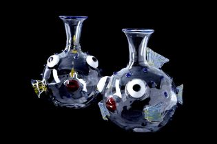 A PAIR OF MASSIMO LUNARDON GLASS FISH CARAFES