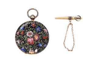 AN 18CT GOLD ENAMELLED FOB WATCH, CIRCA 1877