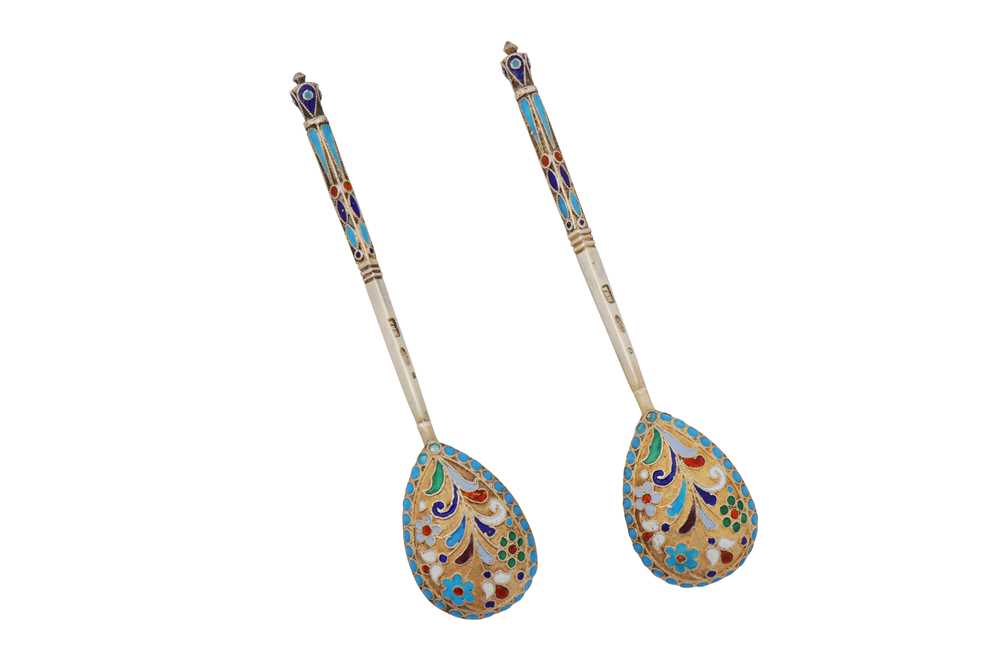 A pair of Nicholas II late 19th / early 20th century Russian 84 zolotnik silver and cloisonné enamel