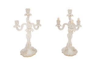 A PAIR OF MEISSEN PORCELAIN ROCOCO STYLE PARCEL GILT CANDELABRA