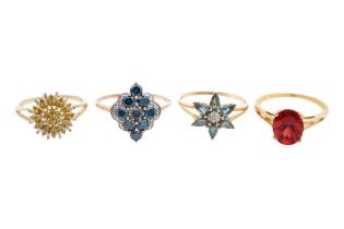 A GROUP OF FOUR 9CT GOLD GEM SET RINGS