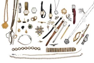 A GROUP OF WATCHES, COSTUME AND SILVER JEWELLERY