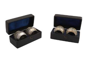 TWO CASED PAIRS OF EARLY 20TH CENTURY ANGLO – INDIAN UNMARKED SILVER NAPKIN RINGS, CALCUTTA CIRCA 19