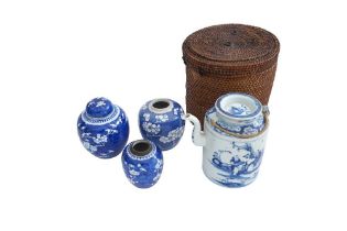 THREE CHINESE BLUE AND WHITE JARS AND A TEAPOT