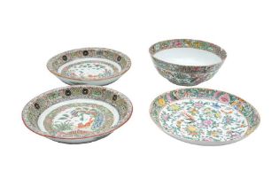 A CHINESE CANTON FAMILLE-ROSE BOWL AND THREE DISHES