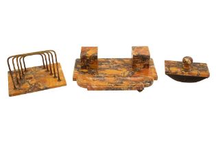 AN ART DECO SIENA MARBLE THREE-PIECE DESK SET