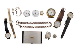 A COLLECTION OF WATCHES, CLOCKS AND A 9CT ALBERT CHAIN