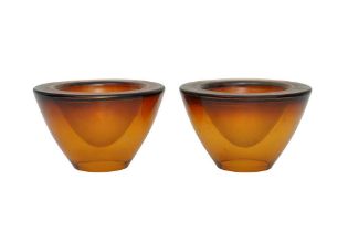 A PAIR OF AMBER GLASS DOUBLE WALLED BOWLS