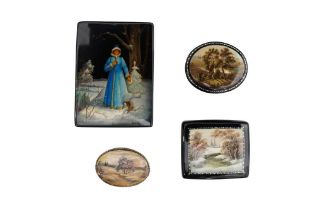 THREE RUSSIAN LACQUER BOXES AND A BROOCH
