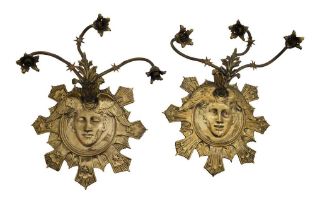 A PAIR OF POLISHED BRASS TRIPLE BRANCH WALL LIGHTS