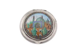 A mid-20th century Iranian (Persian) silver and enamel compact, Isfahan circa 1950 mark of Jahrome V