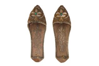 A PAIR OF METAL THREAD AND SEED PEARLS-EMBROIDERED VELVET COURTLY SLIPPERS (TERLIK) Ottoman Turkey,