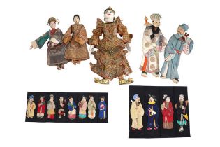 THREE PUPPETS AND A GROUP OF SILK FIGURES