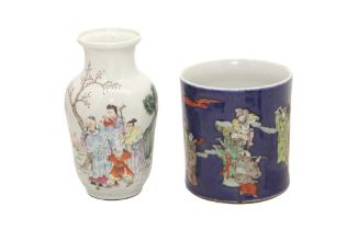 A CHINESE FAMILLE-VERTE BRUSH POT AND A FAMILLE-ROSE VASE