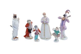 A GROUP OF SIX MEISSEN PORCELAIN FIGURES, CHARACTERS FROM THE COMMEDIA DELL'ARTE