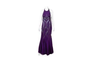 Versace Purple Silk Embellished Halter Neck Gown