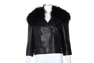 Dolce & Gabbana Black Leather Fur Collar Jacket - Size 42