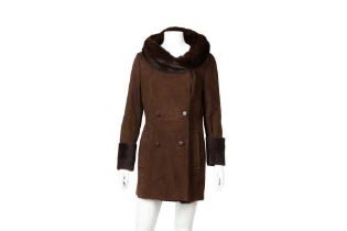 Prada Brown Shearling Fur Trim Coat - Size 42