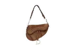 Christian Dior Brown Suede Whipstitch Saddle Bag