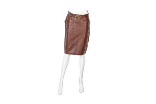 Gucci Brown Leather GG BIker Skirt - Size 42