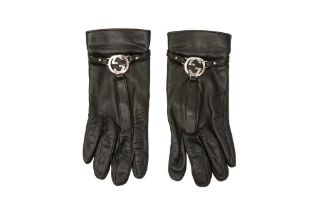 Gucci Black Leather Logo Gloves