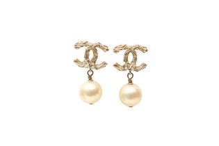 Chanel Ivory Pearl CC Drop Pierced Earrings