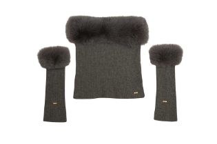 Tod's Grey Wool Fur Trim Hood Scarf And Sleeves