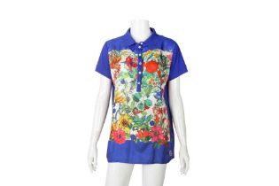 Moncler Blue Silk Maglia Floral Polo Shirt - Size XL