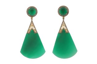 A PAIR OF CHRYSOPRASE CHALCEDONY AND DIAMOND EARRINGS