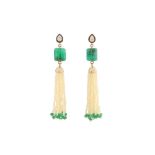 A PAIR OF DIAMOND, EMERALD AND PEARL PENDANT EARRINGS