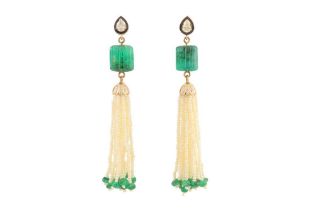 A PAIR OF DIAMOND, EMERALD AND PEARL PENDANT EARRINGS
