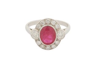 A RUBY AND DIAMOND CLUSTER RING