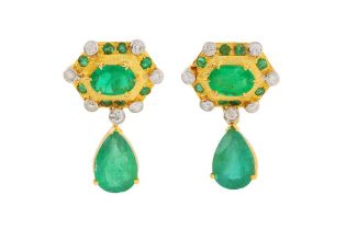 A PAIR OF EMERALD AND DIAMOND PENDANT EARRINGS