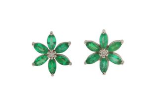 A PAIR OF EMERALD AND DIAMOND STUD EARRINGS
